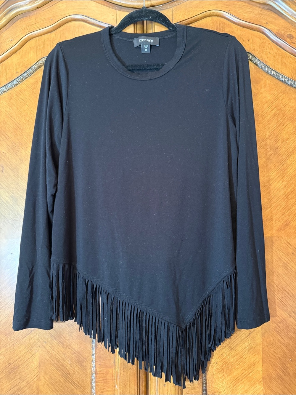 Karen Kane Black Long Sleeve Fringe-Hem Top